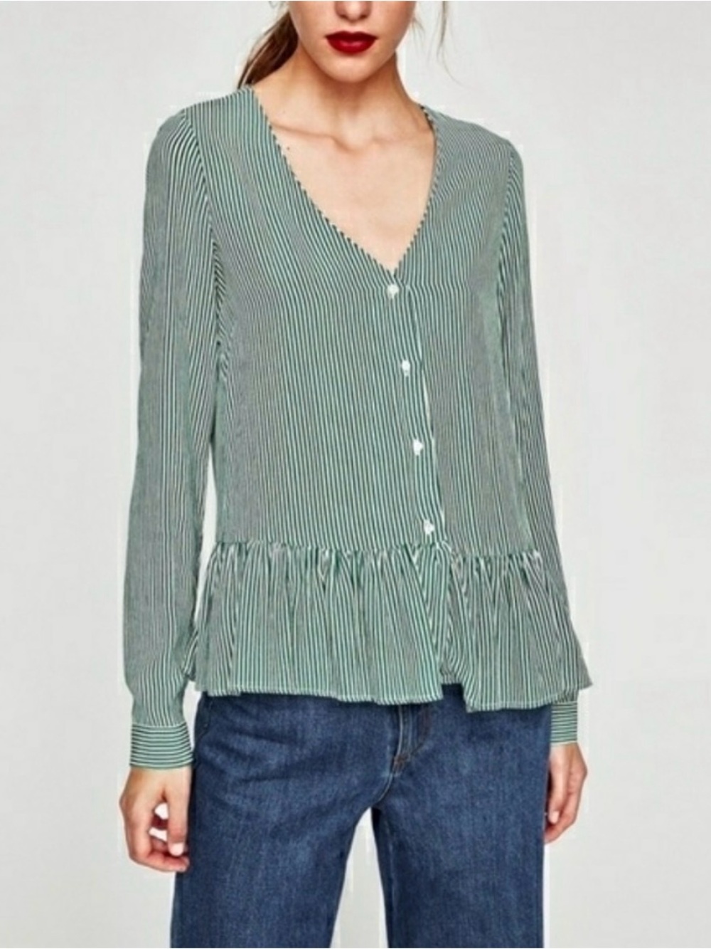 Zara x Trafaiuc Collection Striped V-Neck Peplum Blouse in Green